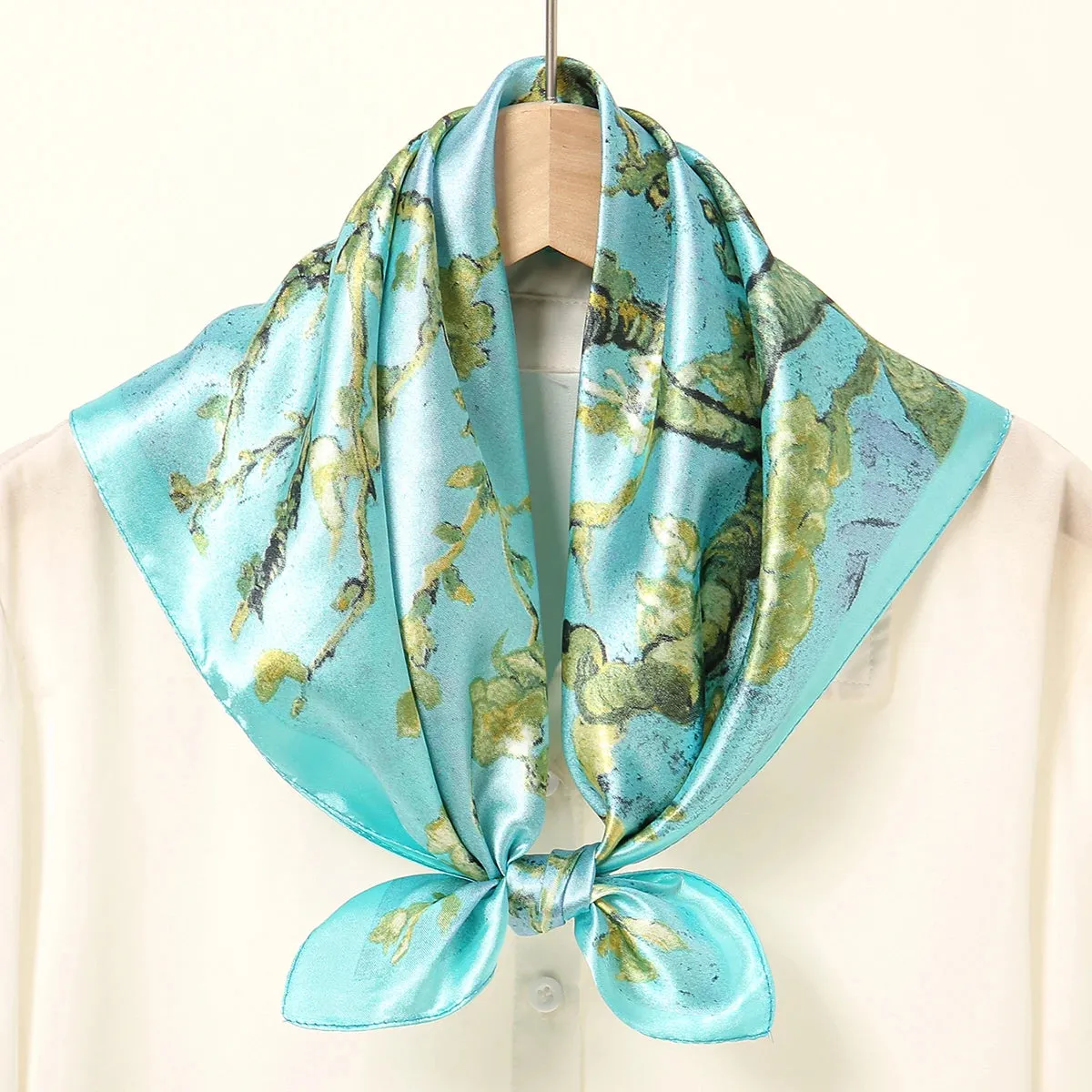 60*60cm Luxury Floral Print Silk Square Scarf Women Soft Satin Kerchief Neckerchief Head Hijab Lady Headband Foulard Bag Ribbon