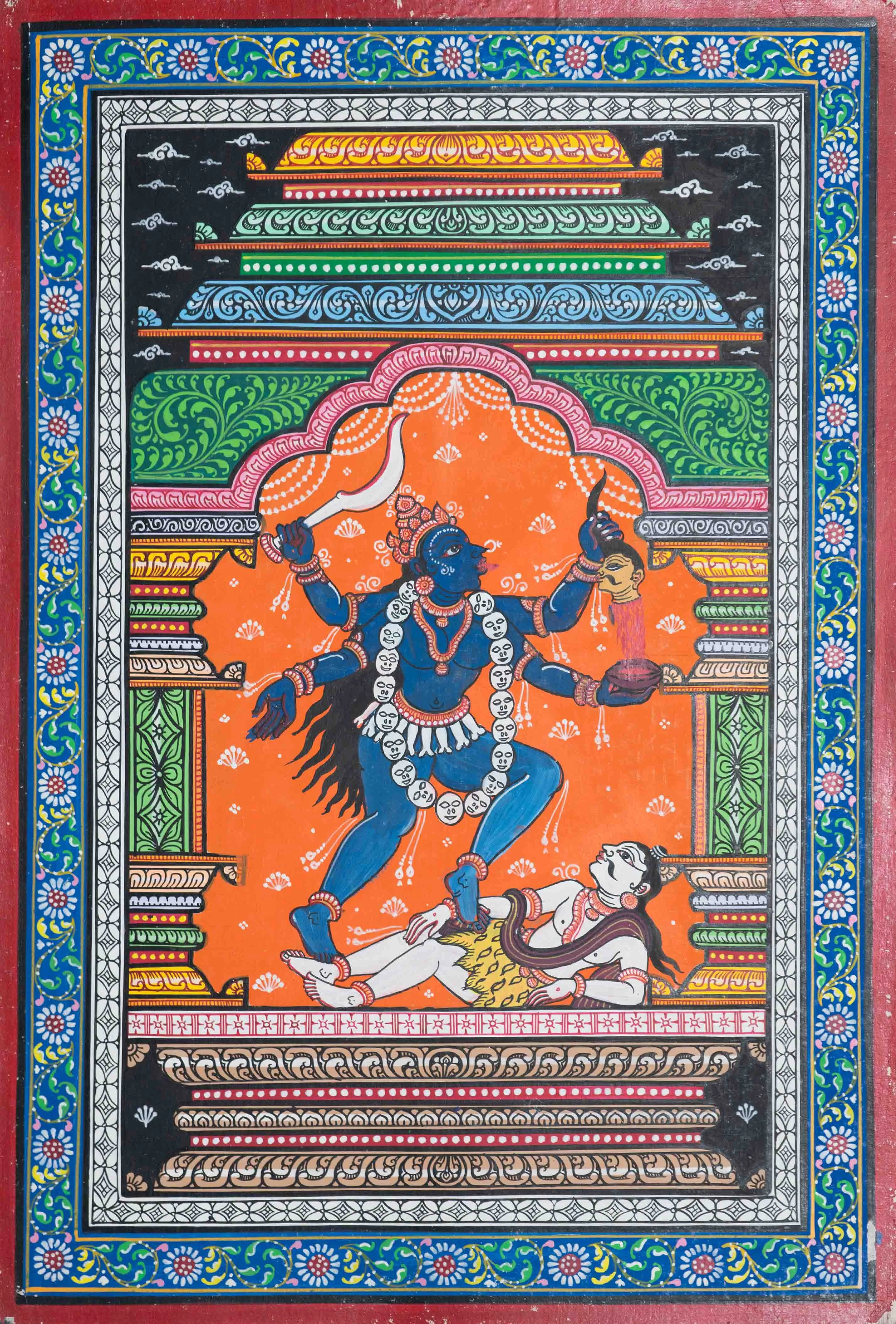A Fusion of Power and Grace: Maa Kali's Roudra Roop Shines in Mandapa Pattachitra Painting by Apindra Swain
