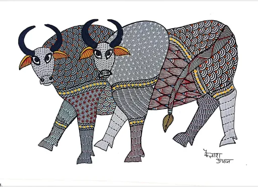 A Serenade of Colors and Monochromatic Contrasts Gond Painting by Kailash Pradhan