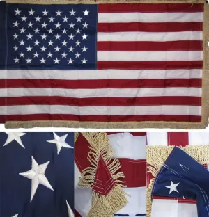 AES 3x5 Embroidered Sewn USA American Gold Fringe Sleeve 210D Nylon Flag 3'x5' Nylon Fade Resistant Double Stitched Premium Penant House Banner Grommets