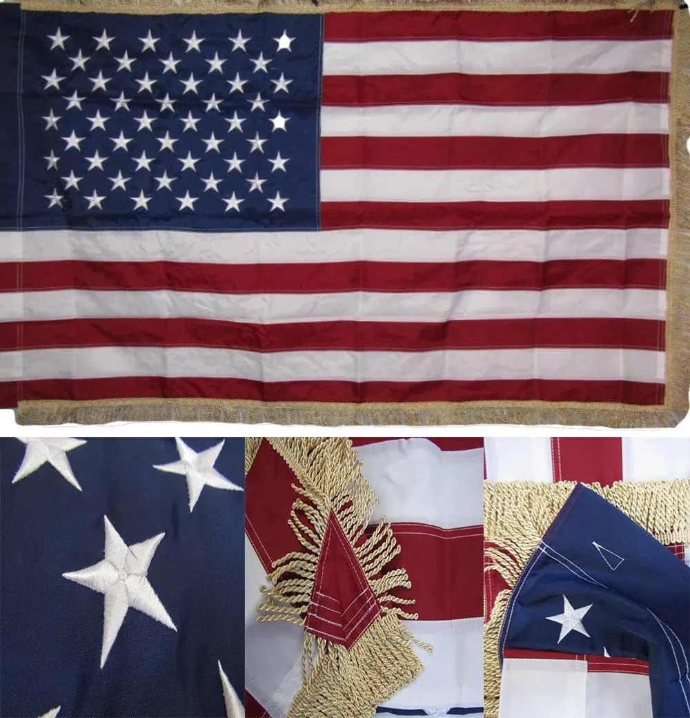AES 3x5 Embroidered Sewn USA American Gold Fringe Sleeve 210D Nylon Flag 3'x5' Nylon Fade Resistant Double Stitched Premium Penant House Banner Grommets