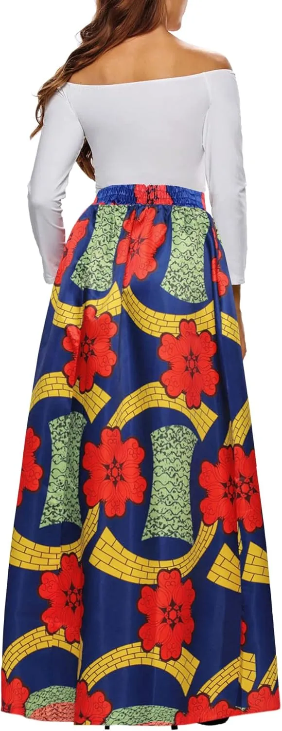 Afibi Women African Printed Maxi Skirt Flared Skirt A Line Long Skirts with Pockets S-5XL