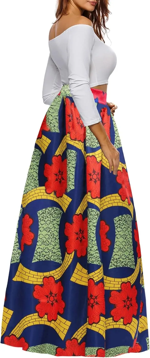 Afibi Women African Printed Maxi Skirt Flared Skirt A Line Long Skirts with Pockets S-5XL