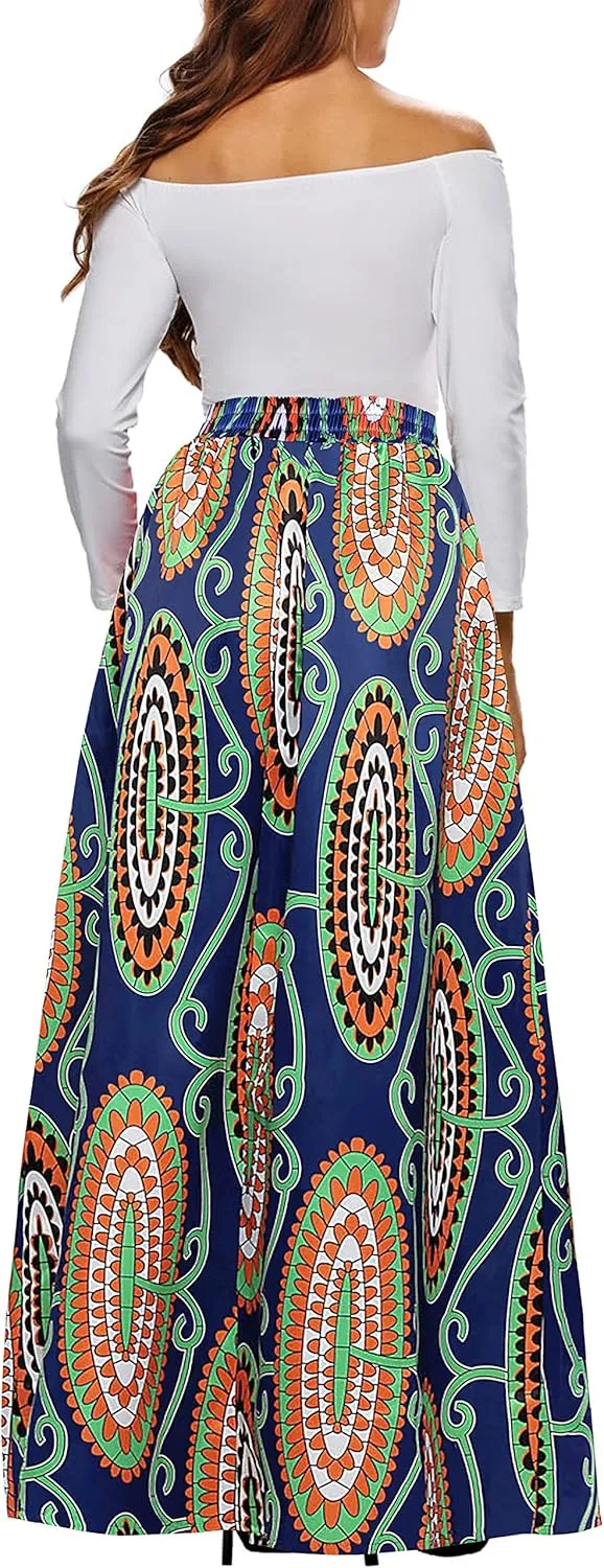 Afibi Women African Printed Maxi Skirt Flared Skirt A Line Long Skirts with Pockets S-5XL