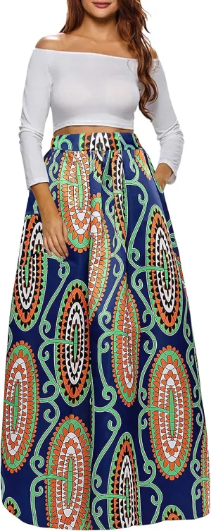 Afibi Women African Printed Maxi Skirt Flared Skirt A Line Long Skirts with Pockets S-5XL
