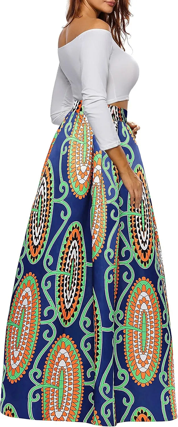 Afibi Women African Printed Maxi Skirt Flared Skirt A Line Long Skirts with Pockets S-5XL