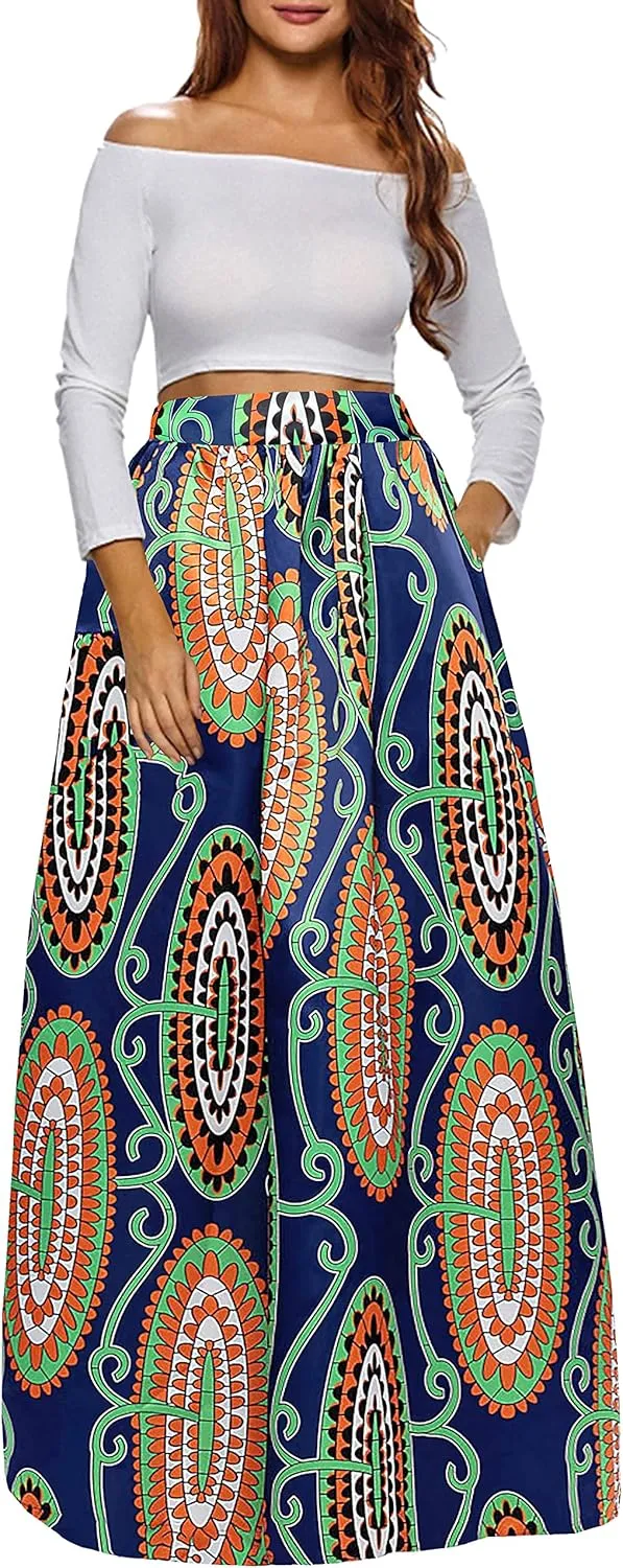 Afibi Women African Printed Maxi Skirt Flared Skirt A Line Long Skirts with Pockets S-5XL