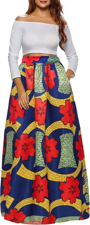 Afibi Women African Printed Maxi Skirt Flared Skirt A Line Long Skirts with Pockets S-5XL