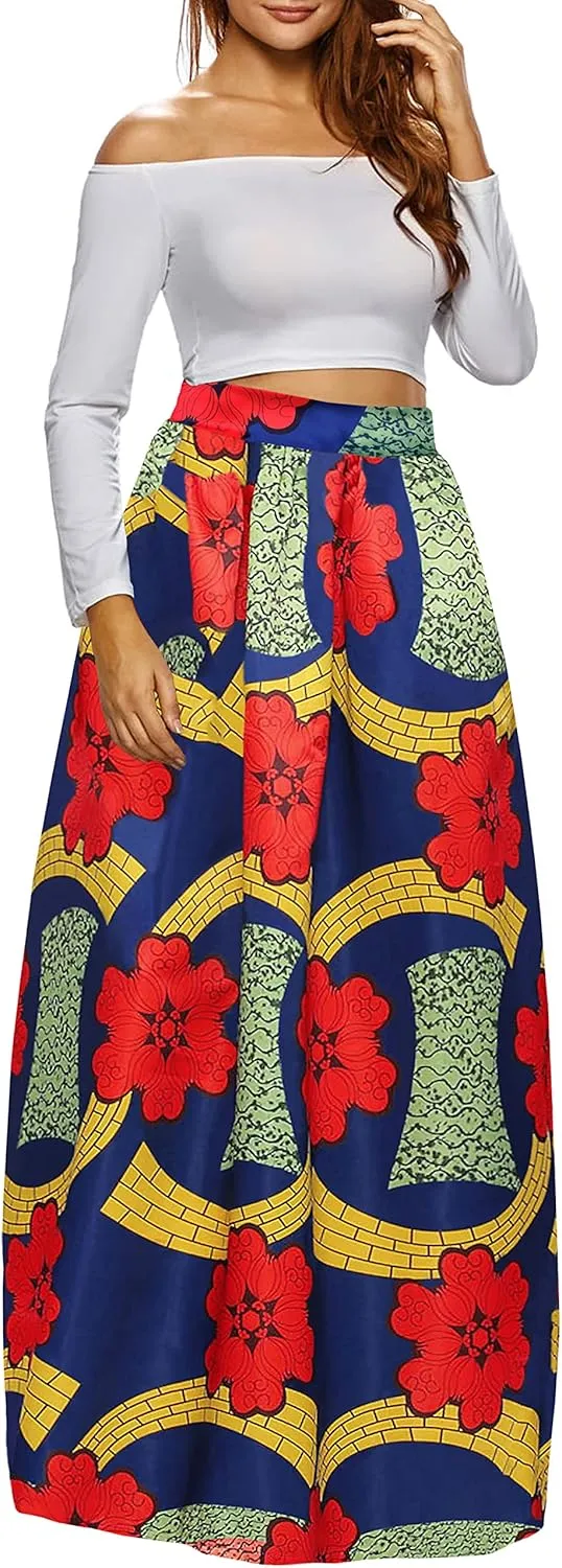 Afibi Women African Printed Maxi Skirt Flared Skirt A Line Long Skirts with Pockets S-5XL