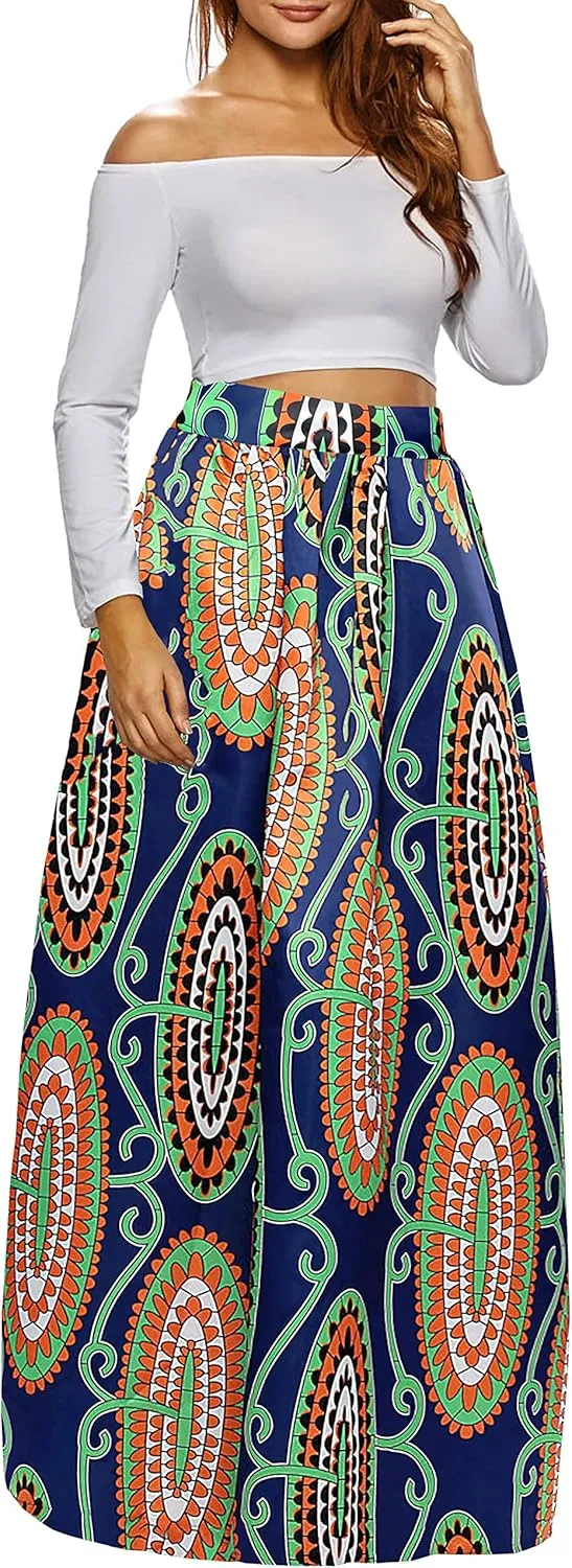 Afibi Women African Printed Maxi Skirt Flared Skirt A Line Long Skirts with Pockets S-5XL