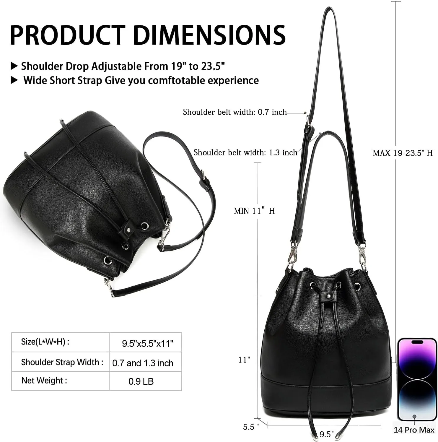 AFKOMST Leather Bucket Bags and Drawstring Crossbody Purse for Women Medium Tote and Hobo Handbags with 2 Shouder Straps