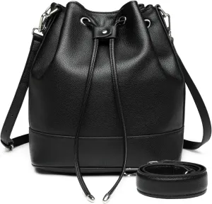 AFKOMST Leather Bucket Bags and Drawstring Crossbody Purse for Women Medium Tote and Hobo Handbags with 2 Shouder Straps