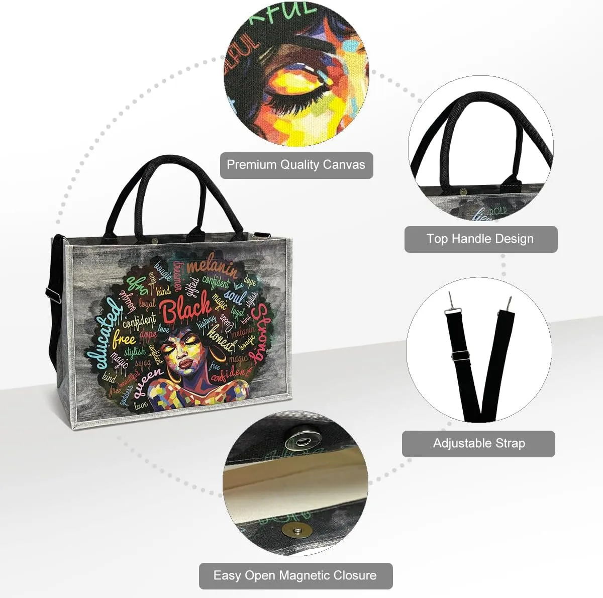 African American Tote Bags For Women Black Art Shoulder Bags Black Women Handbag For Work Beach Travel Gym