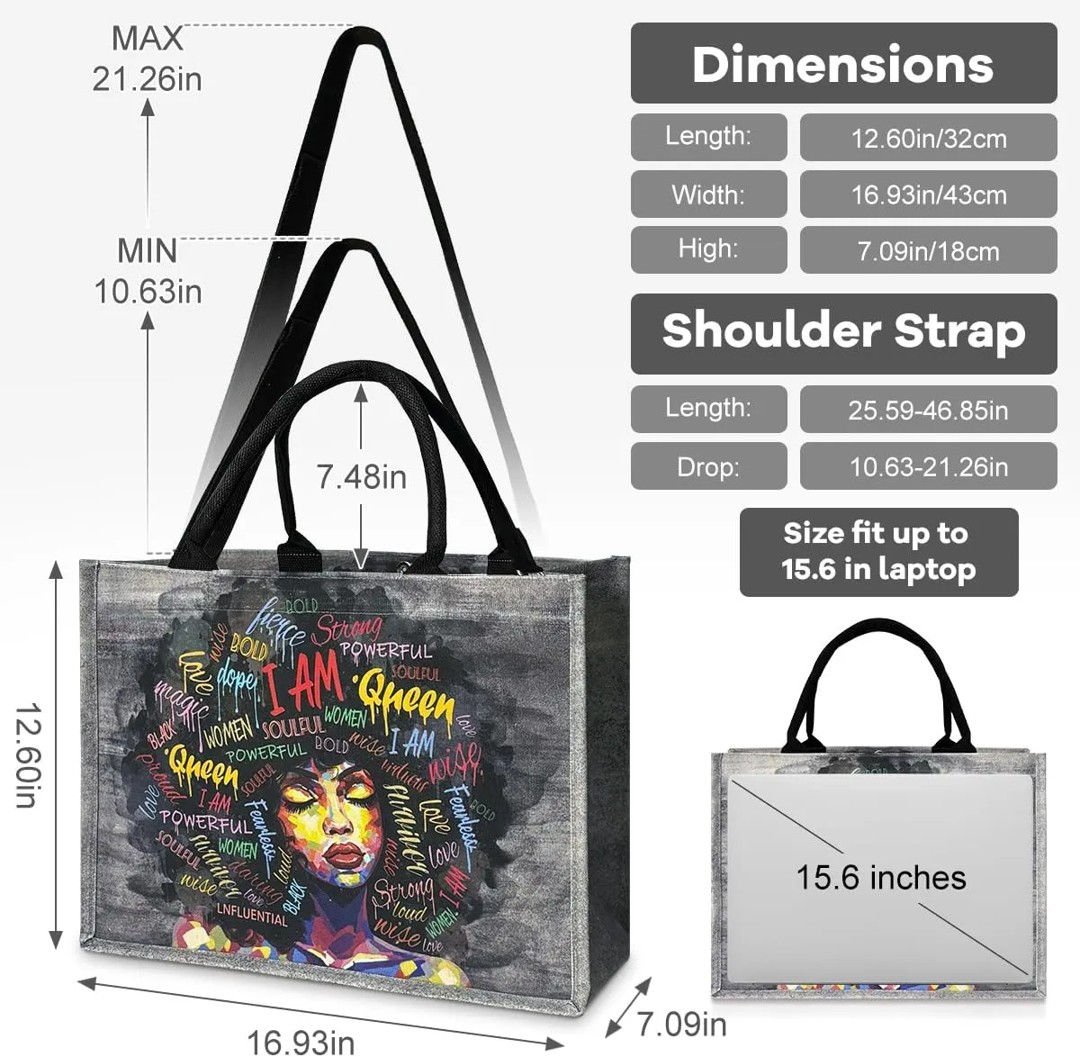 African American Tote Bags For Women with Adjustable Strap Black Art Shoulder Handbag For Work Beach Travel Gym