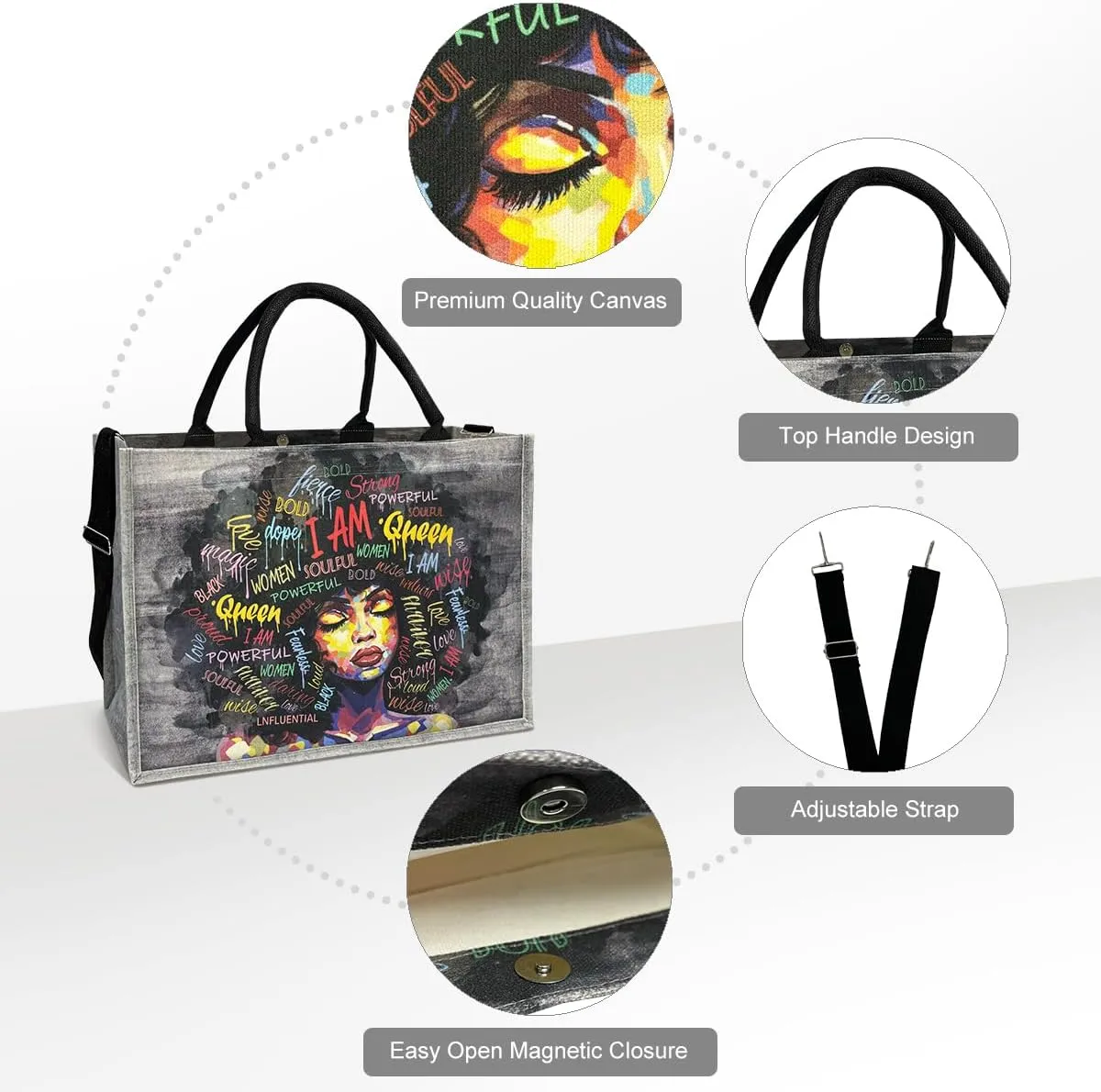African American Tote Bags For Women with Adjustable Strap Black Art Shoulder Handbag For Work Beach Travel Gym