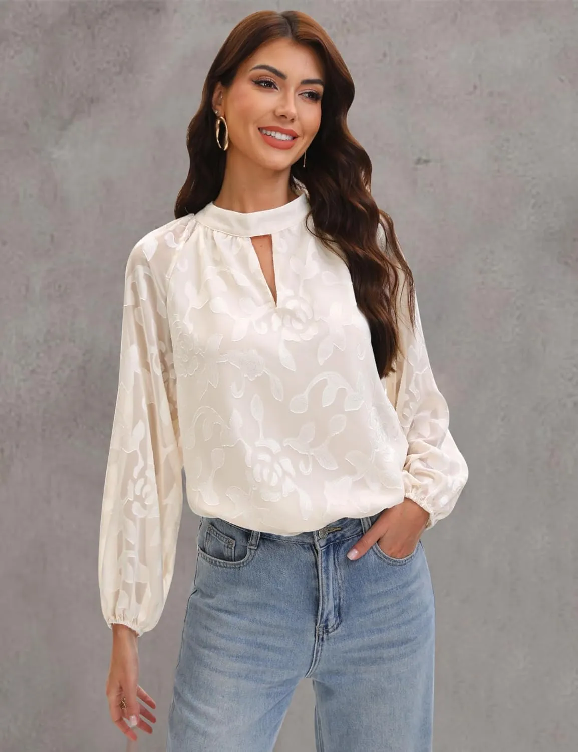 AIMCOO Women's Dressy Casual Tops Long Sleeve Blouse 2025 Embroidered Keyhole Mock Neck Satin Work Shirts