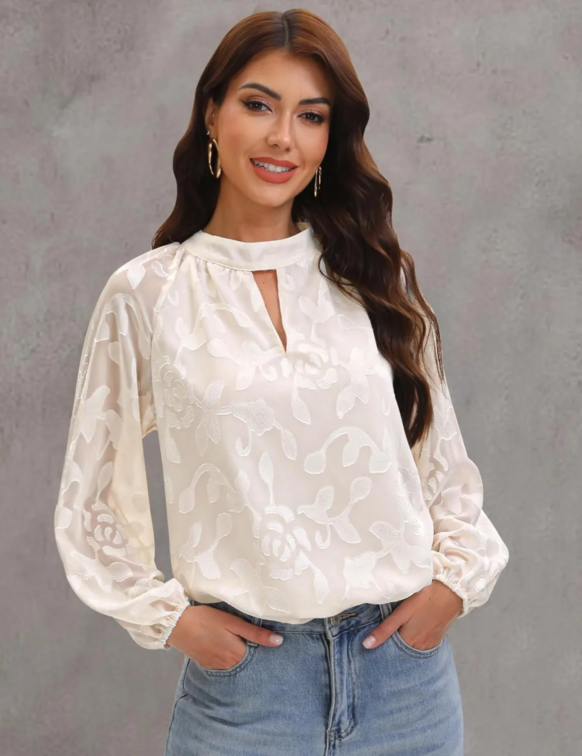 AIMCOO Women's Dressy Casual Tops Long Sleeve Blouse 2025 Embroidered Keyhole Mock Neck Satin Work Shirts