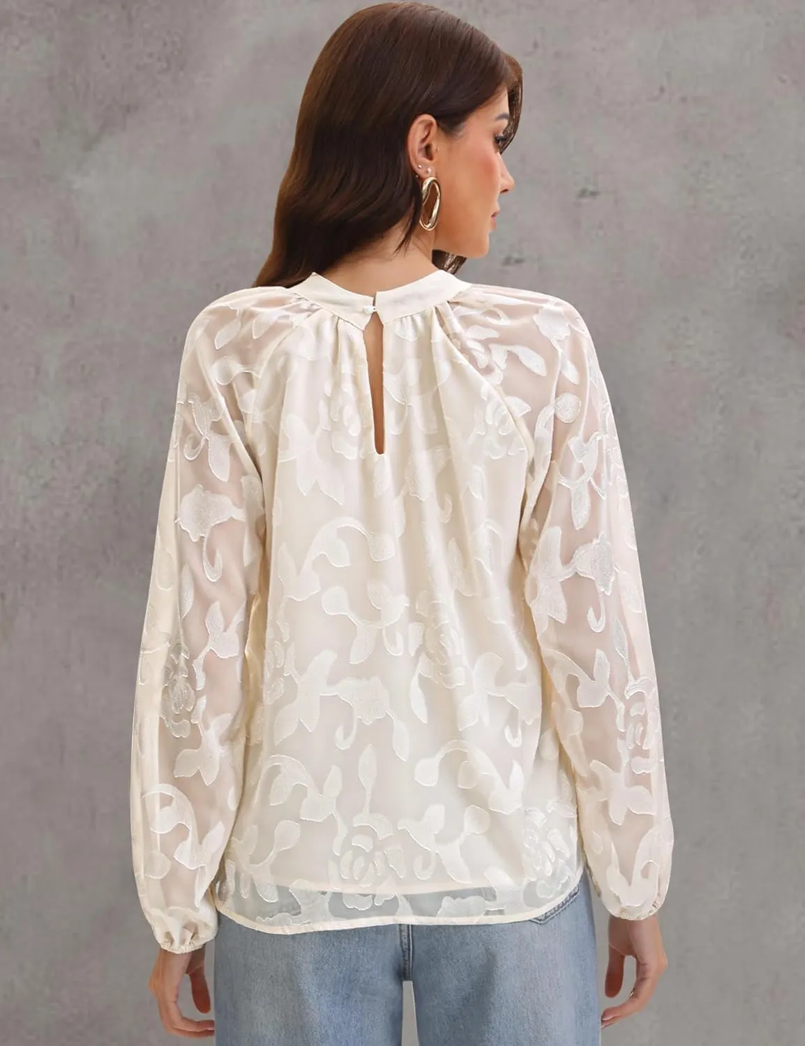 AIMCOO Women's Dressy Casual Tops Long Sleeve Blouse 2025 Embroidered Keyhole Mock Neck Satin Work Shirts