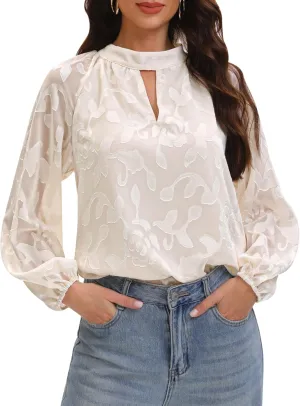 AIMCOO Women's Dressy Casual Tops Long Sleeve Blouse 2025 Embroidered Keyhole Mock Neck Satin Work Shirts