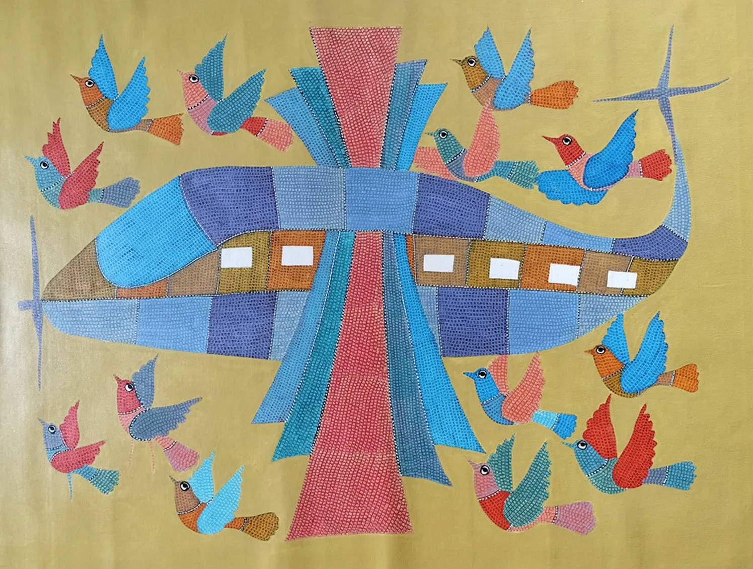 Airplane and Birds in Gond by Gareeba Singh Tekam