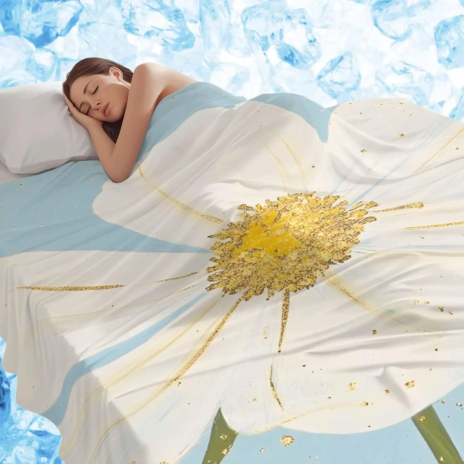 ALAGEO White Floral Gold Pollen Cooling Blankets for Hot Sleepers, Summer Blanket for Night Sweats, Lightweight Breathable Ice Cold Blanket for Bed Couch Sofa, 60x80inch, Light Blue