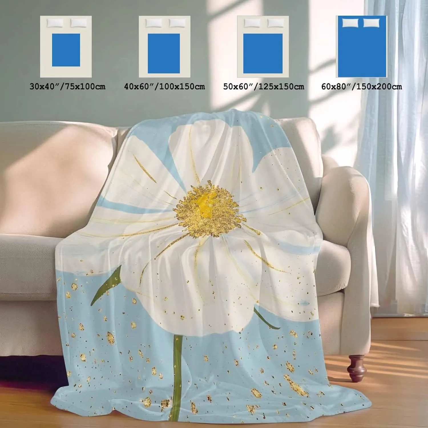 ALAGEO White Floral Gold Pollen Cooling Blankets for Hot Sleepers, Summer Blanket for Night Sweats, Lightweight Breathable Ice Cold Blanket for Bed Couch Sofa, 60x80inch, Light Blue