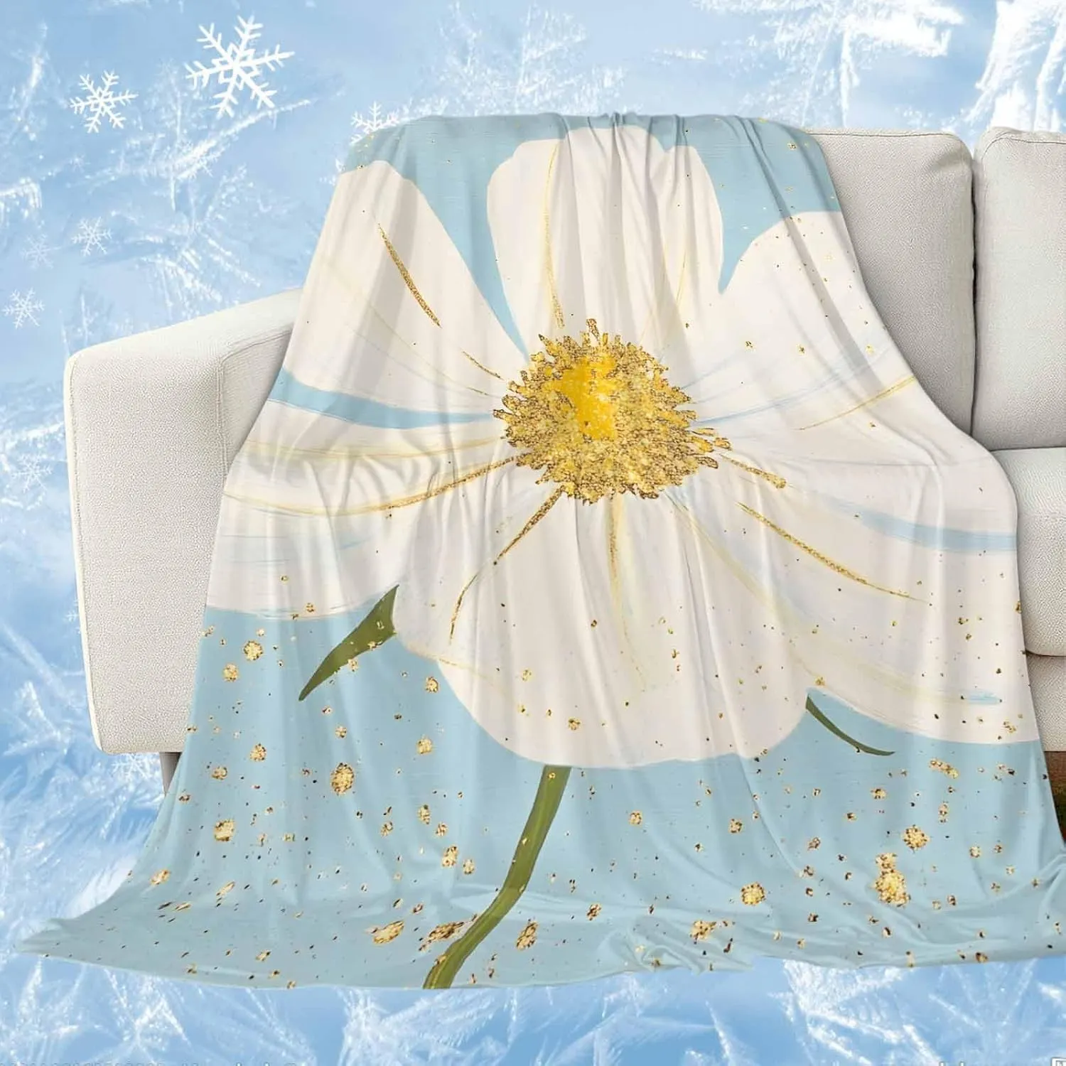 ALAGEO White Floral Gold Pollen Cooling Blankets for Hot Sleepers, Summer Blanket for Night Sweats, Lightweight Breathable Ice Cold Blanket for Bed Couch Sofa, 60x80inch, Light Blue