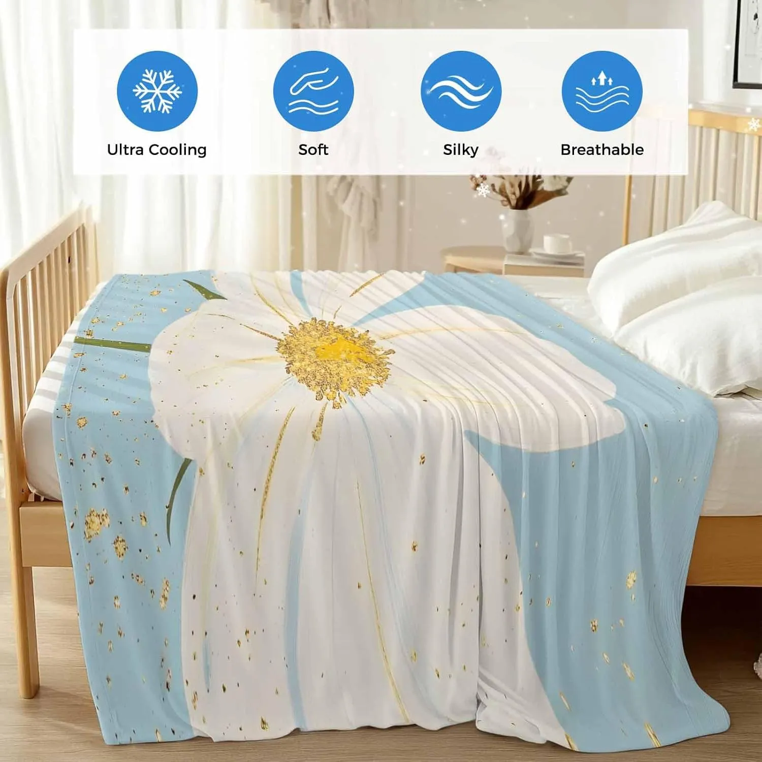 ALAGEO White Floral Gold Pollen Cooling Blankets for Hot Sleepers, Summer Blanket for Night Sweats, Lightweight Breathable Ice Cold Blanket for Bed Couch Sofa, 60x80inch, Light Blue