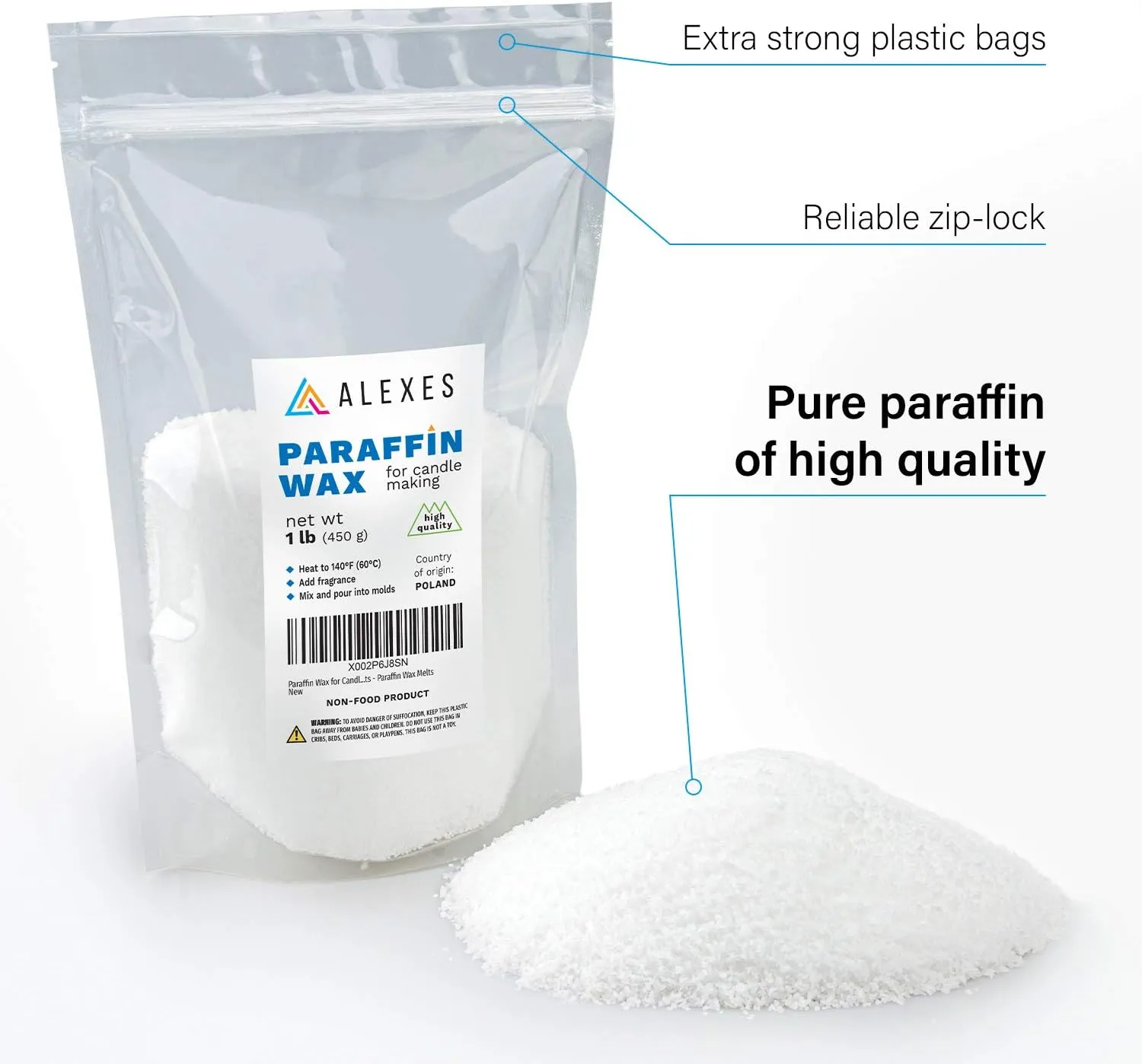 ALEXES Candle Paraffin Wax, 1lb Unscented Candle Making Wax Flakes, for Crafts & Home Fragrance, Refined Paraffin Wax Melts, Extra Strong Plastic Bags, Clear, All Season, Odorless, Classic Style