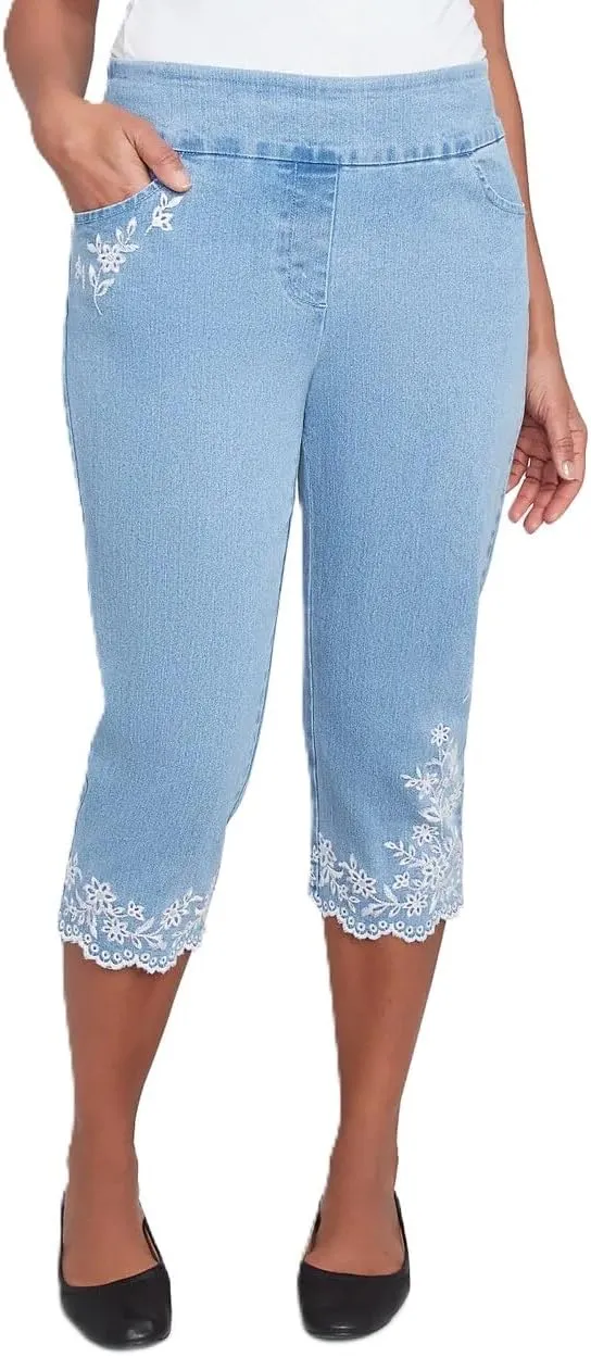Alfred Dunner Women's Flower Power Classic Floral Embroidered Denim Capri
