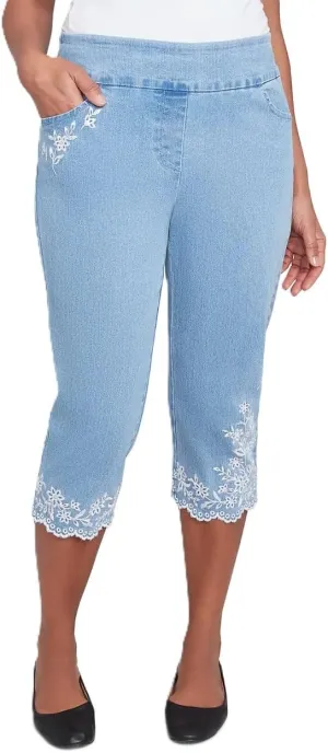 Alfred Dunner Women's Flower Power Classic Floral Embroidered Denim Capri