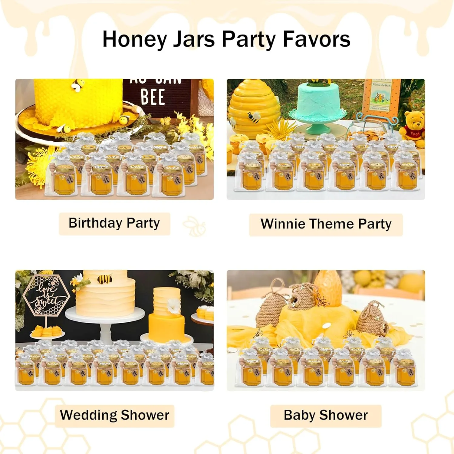Aliggbent 70 Pack Small Honey Jars for Party Favors in Bulk, 3 oz Mini Hexagon Glass Honey Jars with Dippers, Lids, Cute Stickers, Bee Charms, Gift Bags and Jute for Baby Showers, Weddings & Birthdays