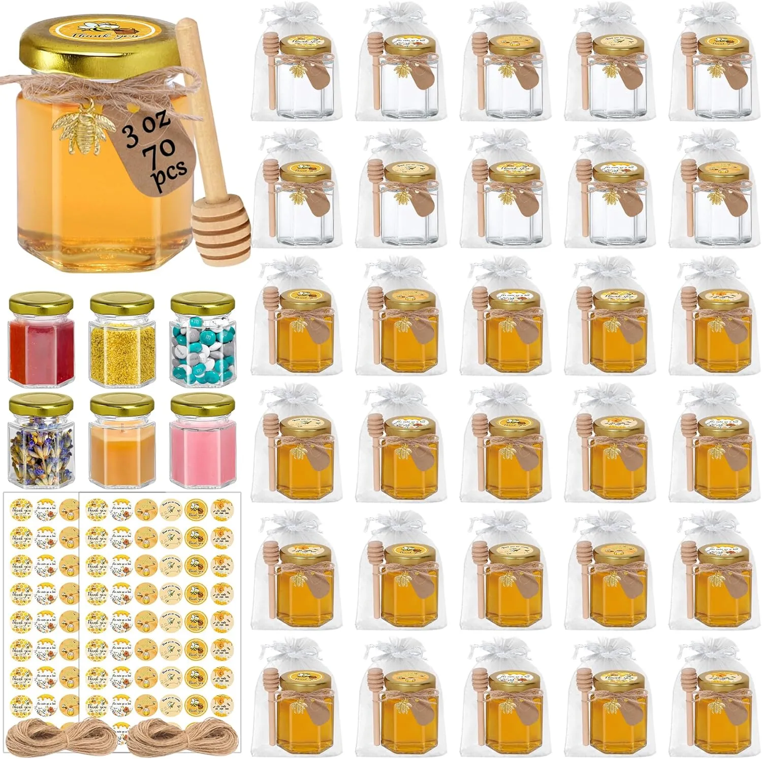 Aliggbent 70 Pack Small Honey Jars for Party Favors in Bulk, 3 oz Mini Hexagon Glass Honey Jars with Dippers, Lids, Cute Stickers, Bee Charms, Gift Bags and Jute for Baby Showers, Weddings & Birthdays