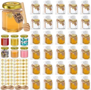 Aliggbent 70 Pack Small Honey Jars for Party Favors in Bulk, 3 oz Mini Hexagon Glass Honey Jars with Dippers, Lids, Cute Stickers, Bee Charms, Gift Bags and Jute for Baby Showers, Weddings & Birthdays