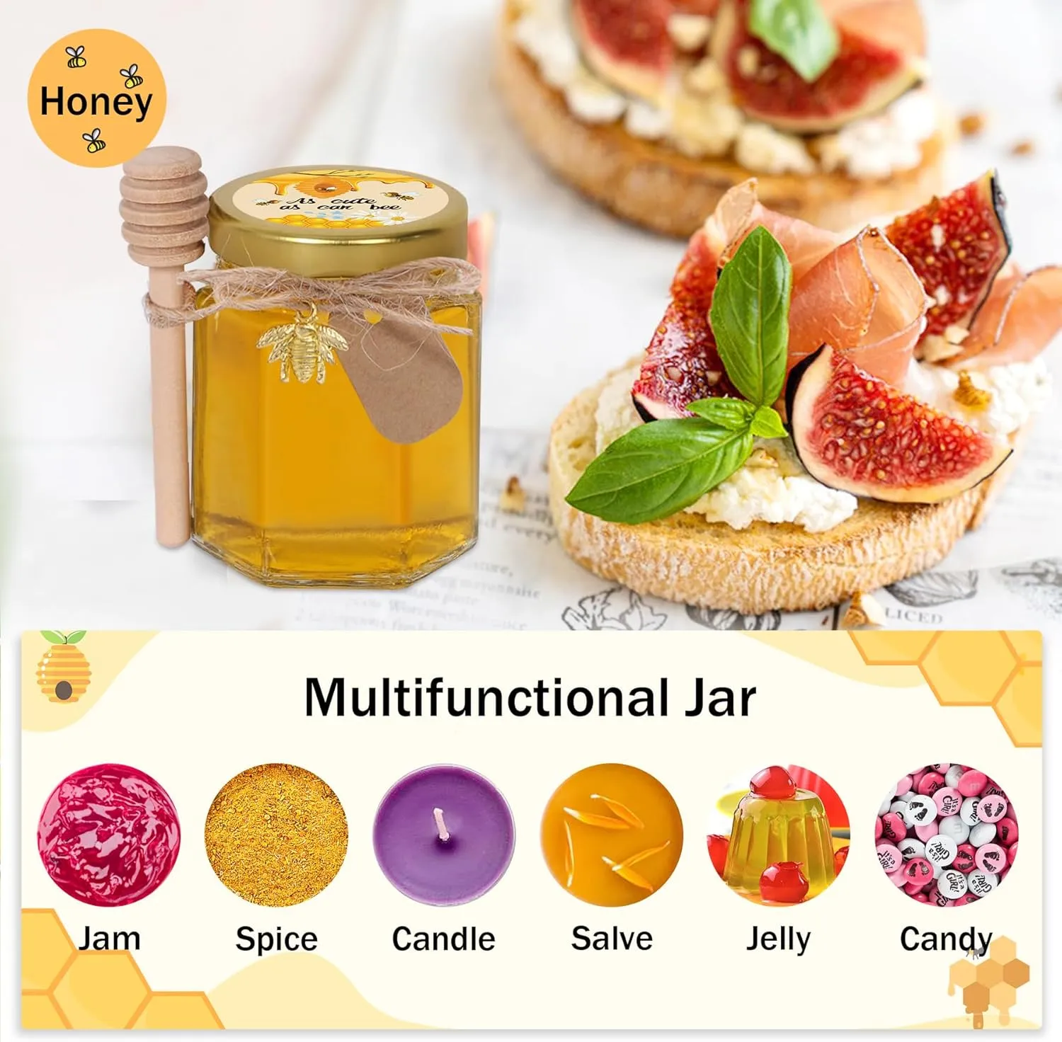 Aliggbent 70 Pack Small Honey Jars for Party Favors in Bulk, 3 oz Mini Hexagon Glass Honey Jars with Dippers, Lids, Cute Stickers, Bee Charms, Gift Bags and Jute for Baby Showers, Weddings & Birthdays