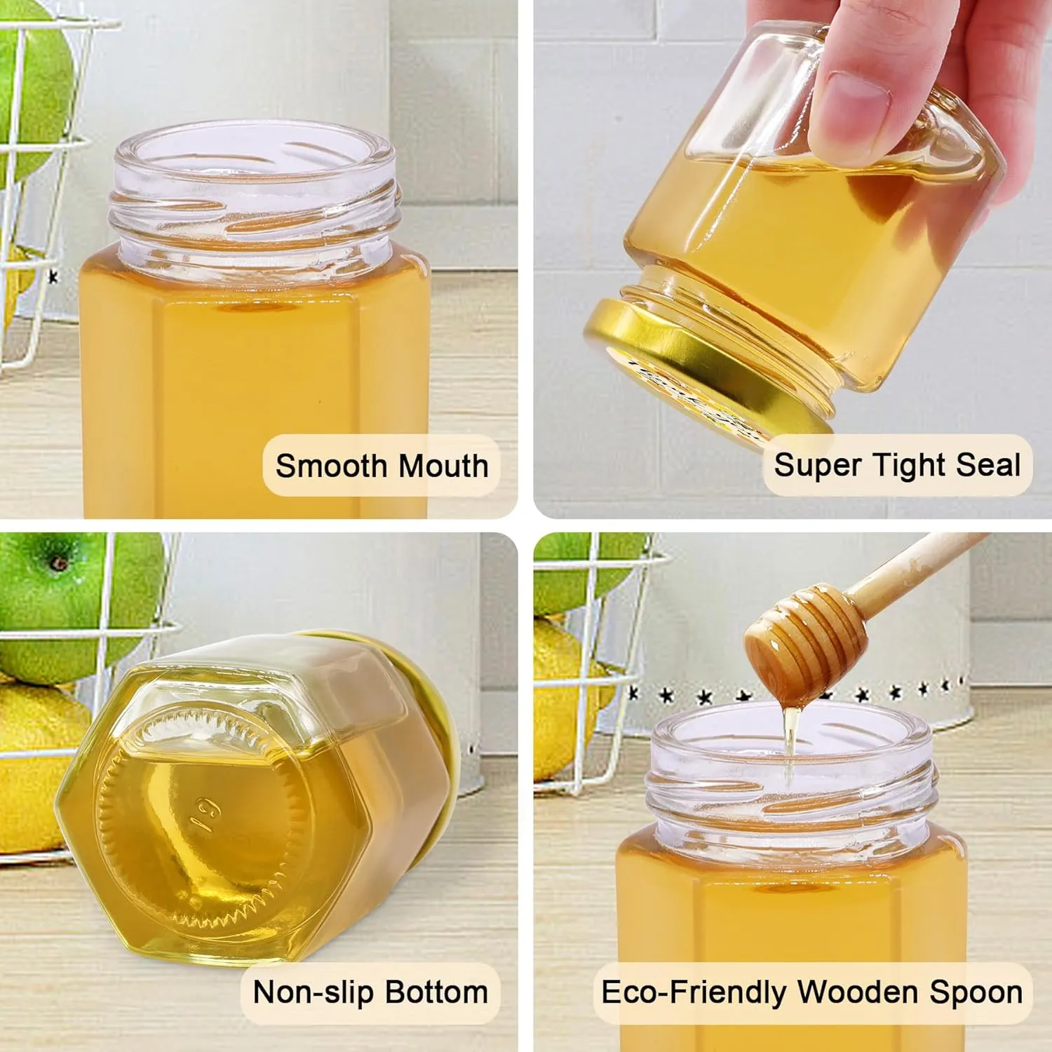 Aliggbent 70 Pack Small Honey Jars for Party Favors in Bulk, 3 oz Mini Hexagon Glass Honey Jars with Dippers, Lids, Cute Stickers, Bee Charms, Gift Bags and Jute for Baby Showers, Weddings & Birthdays