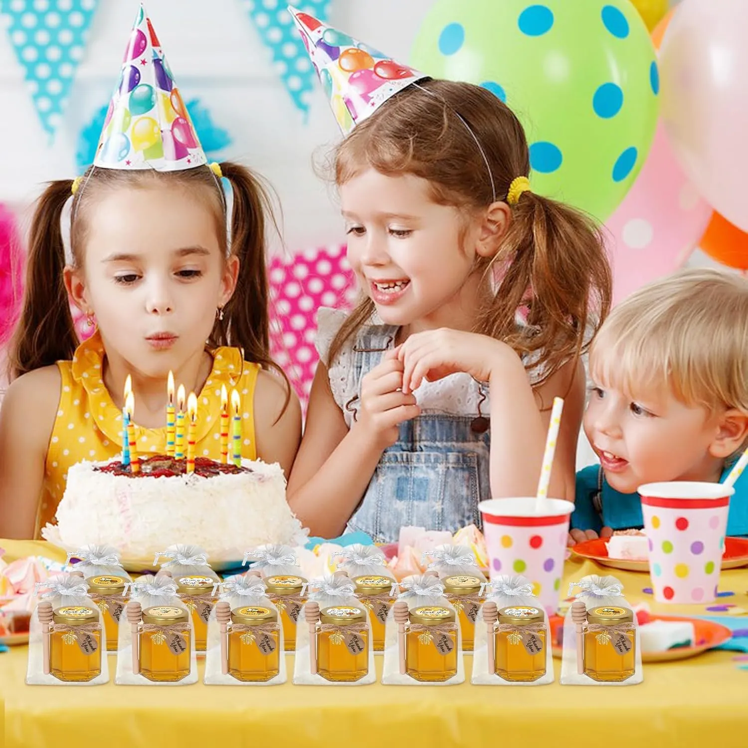 Aliggbent 70 Pack Small Honey Jars for Party Favors in Bulk, 3 oz Mini Hexagon Glass Honey Jars with Dippers, Lids, Cute Stickers, Bee Charms, Gift Bags and Jute for Baby Showers, Weddings & Birthdays
