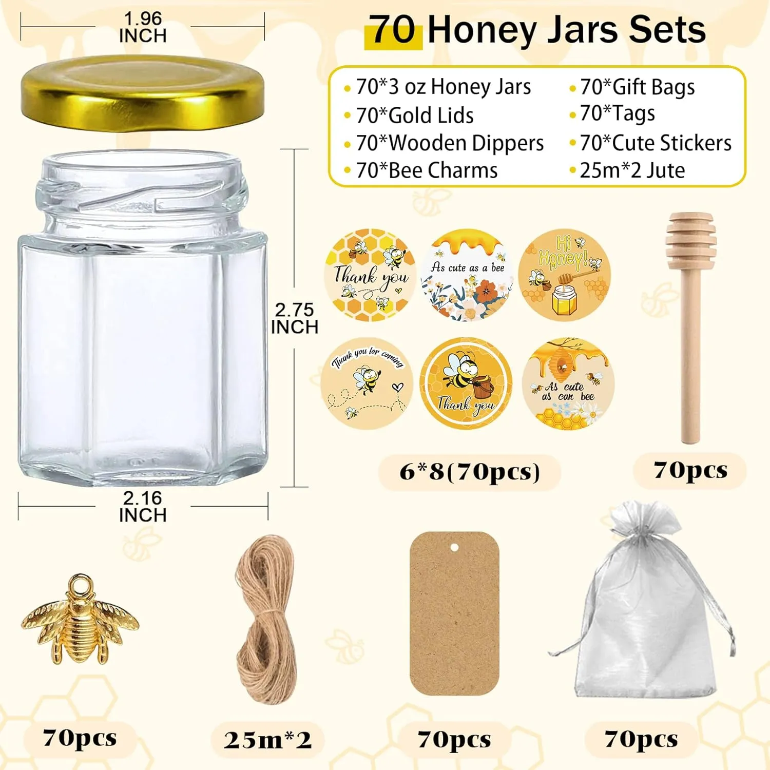 Aliggbent 70 Pack Small Honey Jars for Party Favors in Bulk, 3 oz Mini Hexagon Glass Honey Jars with Dippers, Lids, Cute Stickers, Bee Charms, Gift Bags and Jute for Baby Showers, Weddings & Birthdays