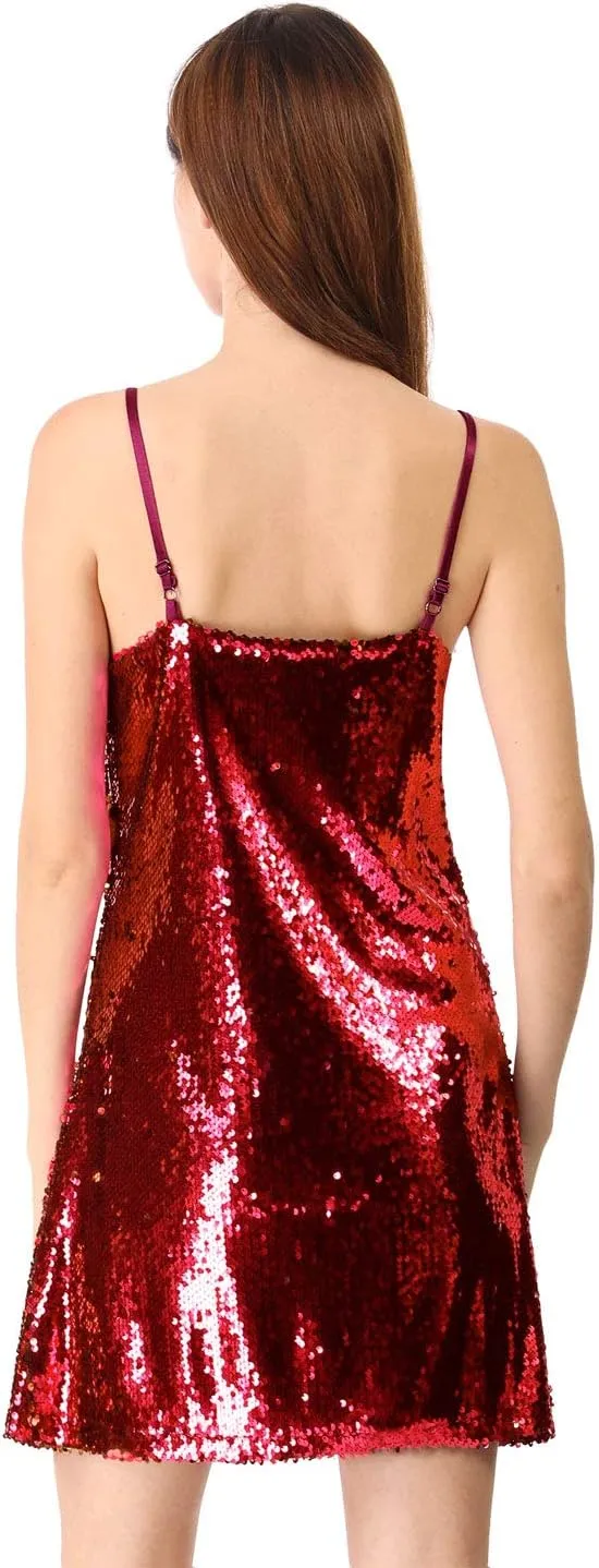 Allegra K Women's Glitter Sequin Dress Spaghetti Strap V Neck Party Cocktail Sparkly Mini Dress Clubwear