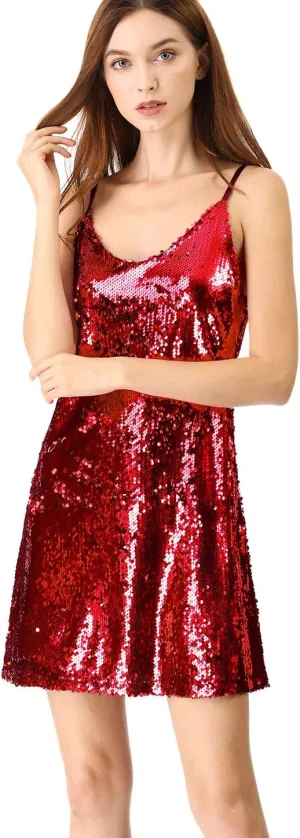 Allegra K Women's Glitter Sequin Dress Spaghetti Strap V Neck Party Cocktail Sparkly Mini Dress Clubwear