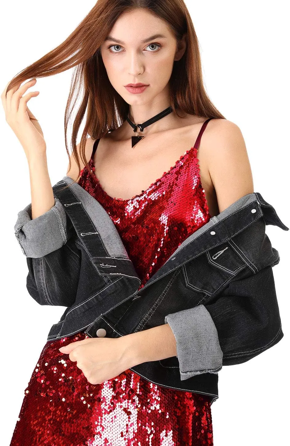 Allegra K Women's Glitter Sequin Dress Spaghetti Strap V Neck Party Cocktail Sparkly Mini Dress Clubwear