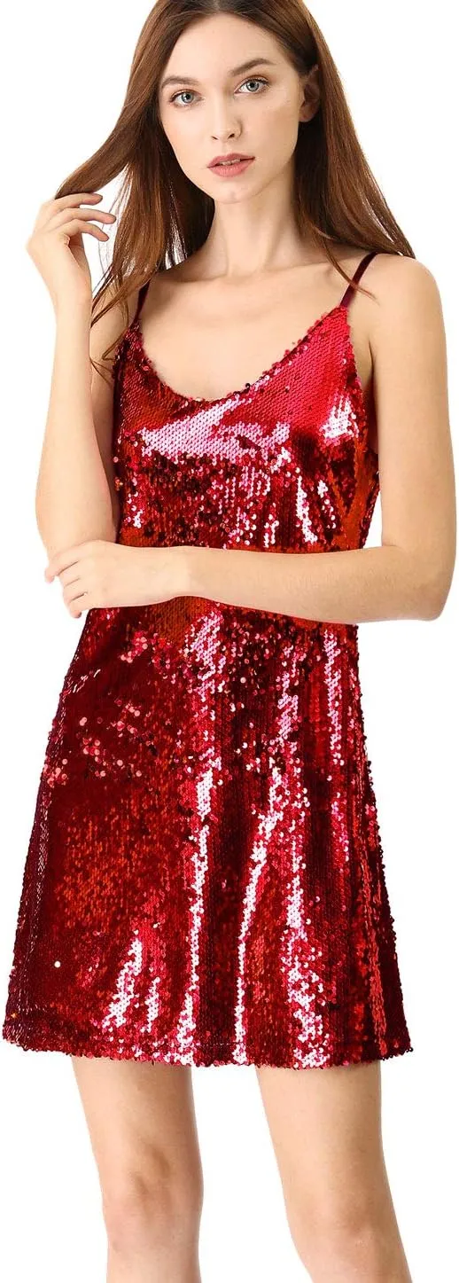 Allegra K Women's Glitter Sequin Dress Spaghetti Strap V Neck Party Cocktail Sparkly Mini Dress Clubwear