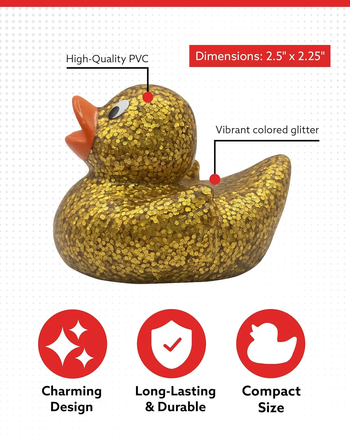 Alpi Glitter Ducks – Set of 5 Fun & Sparkly Rubber Ducks & Bath Toys - Decorative, Collectible, and Great for Parties, Gifts & Bath Time (Gold)