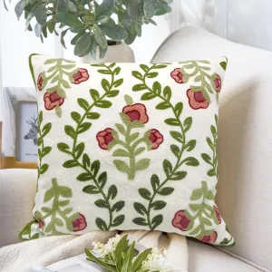 Alysheer Floral Embroidered Summer Decorative Throw Pillow Cover 18"x 18", Farmhouse Cottage Pink Flowers Green Leaves Knit Pattern Cotton Canvas Cushion Case for Sofa Couch Bed Living Room Decor