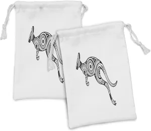 Ambesonne Aboriginal Fabric Pouch Set of 2, Nature Themed Pattern with Abstract Ornamental Kangaroo, Small Drawstring Bag for Toiletries Masks and Favors, 9" x 6", Charcoal Grey and White