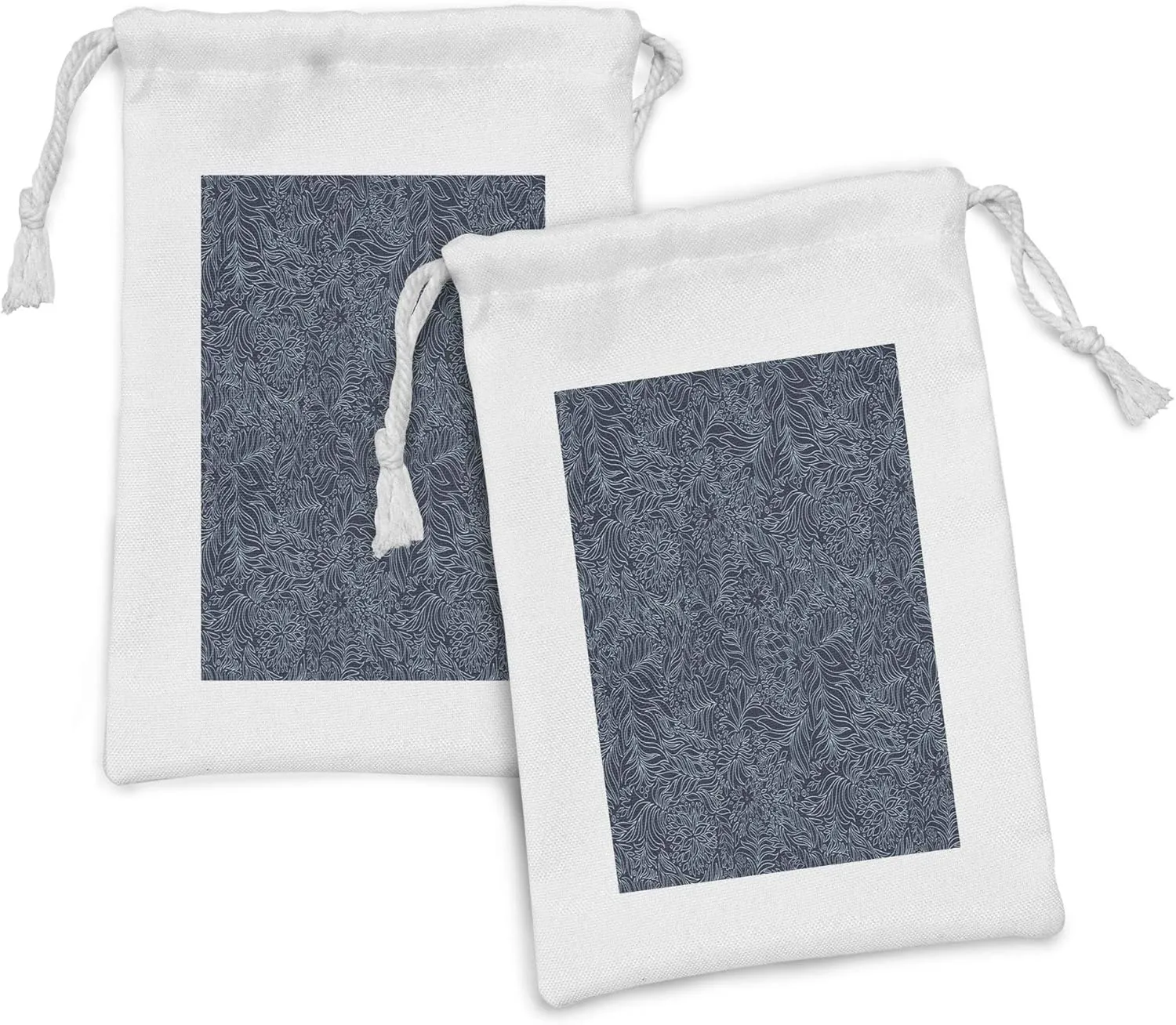 Ambesonne Dark Garden Fabric Pouch Set of 2, Abstract Flourish Nature Inspired Pattern Leaves Blossoms Print, Small Drawstring Bag for Toiletries Masks and Favors, 9" x 6", Dark Blue and Turquoise
