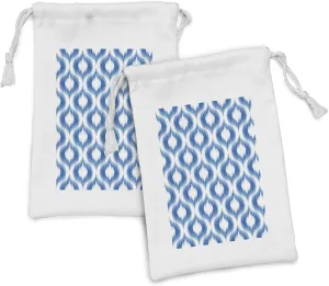 Ambesonne Ikat Fabric Pouch Set of 2, Ikat Damask Linked Motifs Pattern Blurry over Finer Tied Warp and Weft Yarns Design, Small Drawstring Bag for Toiletries Masks and Favors, 9" x 6", Blue White