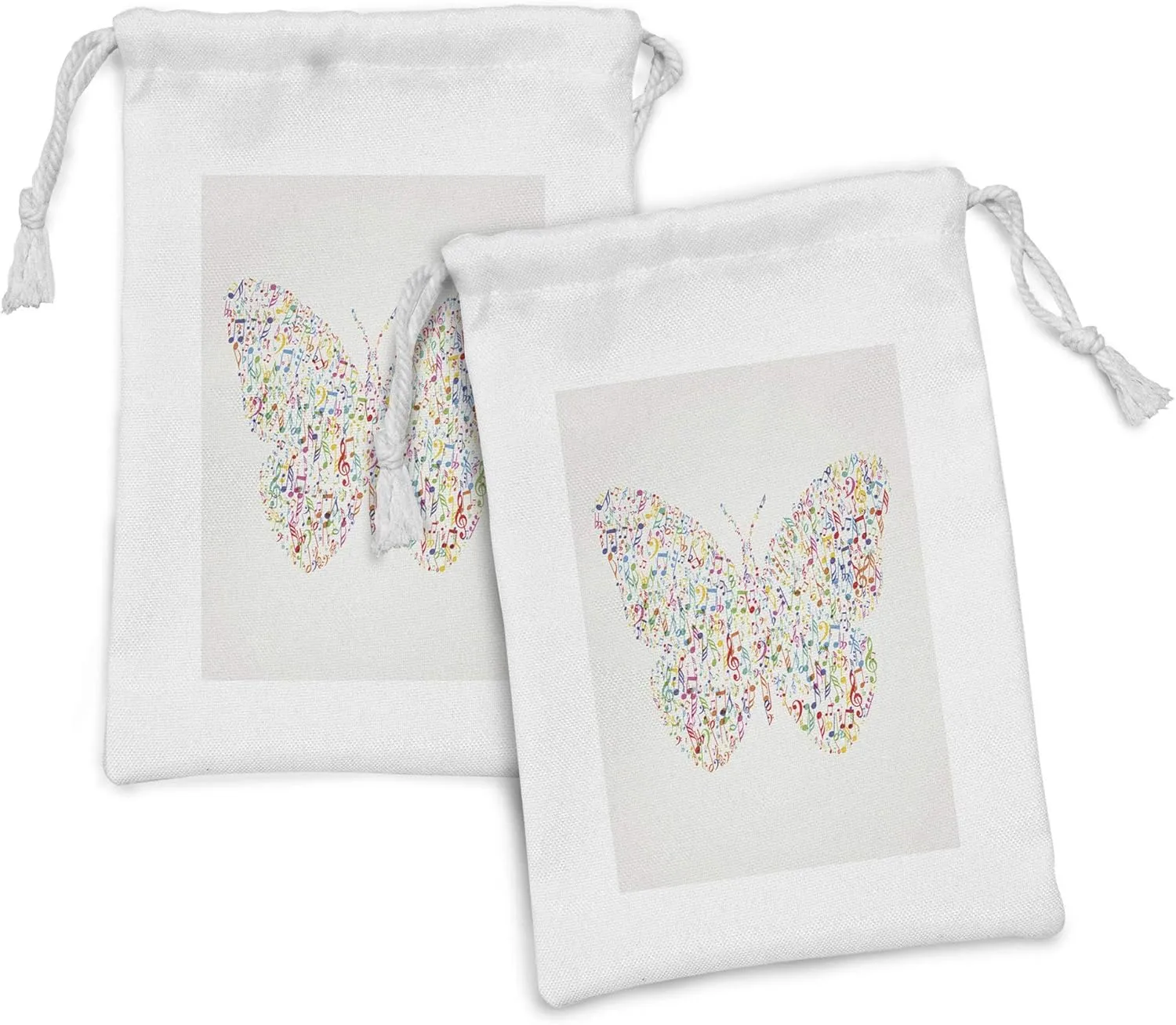 Ambesonne Music Note Fabric Pouch Set of 2, Creative Butterfly Shape Formed with Energetic Music Notes Skillful Design, Small Drawstring Bag for Toiletries Masks and Favors, 9" x 6", Multicolor