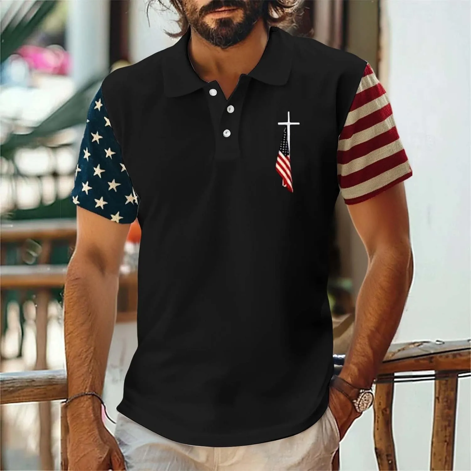 American Flag Print Shirts Loose Printed Lapel Down Polo Shirt Lightweight Quick Dry Soft Short Sleeve Patriotic Tees