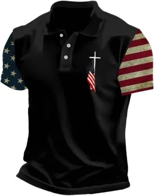 American Flag Print Shirts Loose Printed Lapel Down Polo Shirt Lightweight Quick Dry Soft Short Sleeve Patriotic Tees